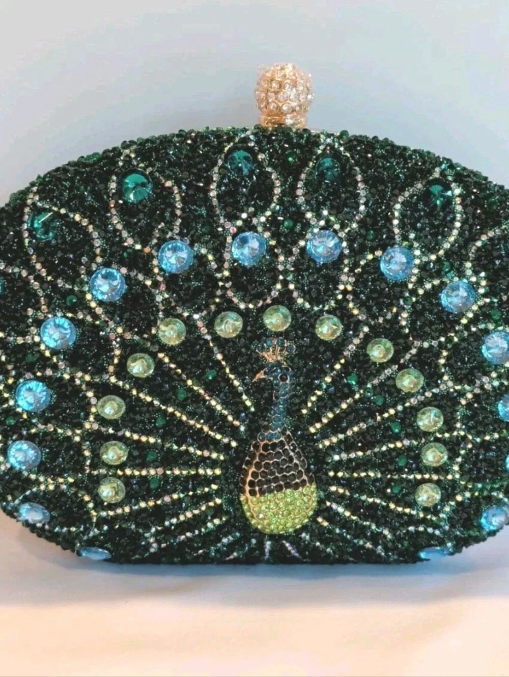 Purse Peacock Green & Blue Crystal Beaded Clutch Detachable Chain & Handle 8